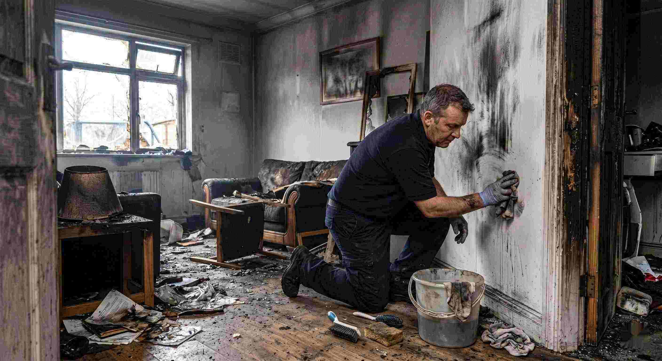 Technician performing soot removal in a fire-damaged home in Reno, restoring smoke-damaged walls and surfaces.