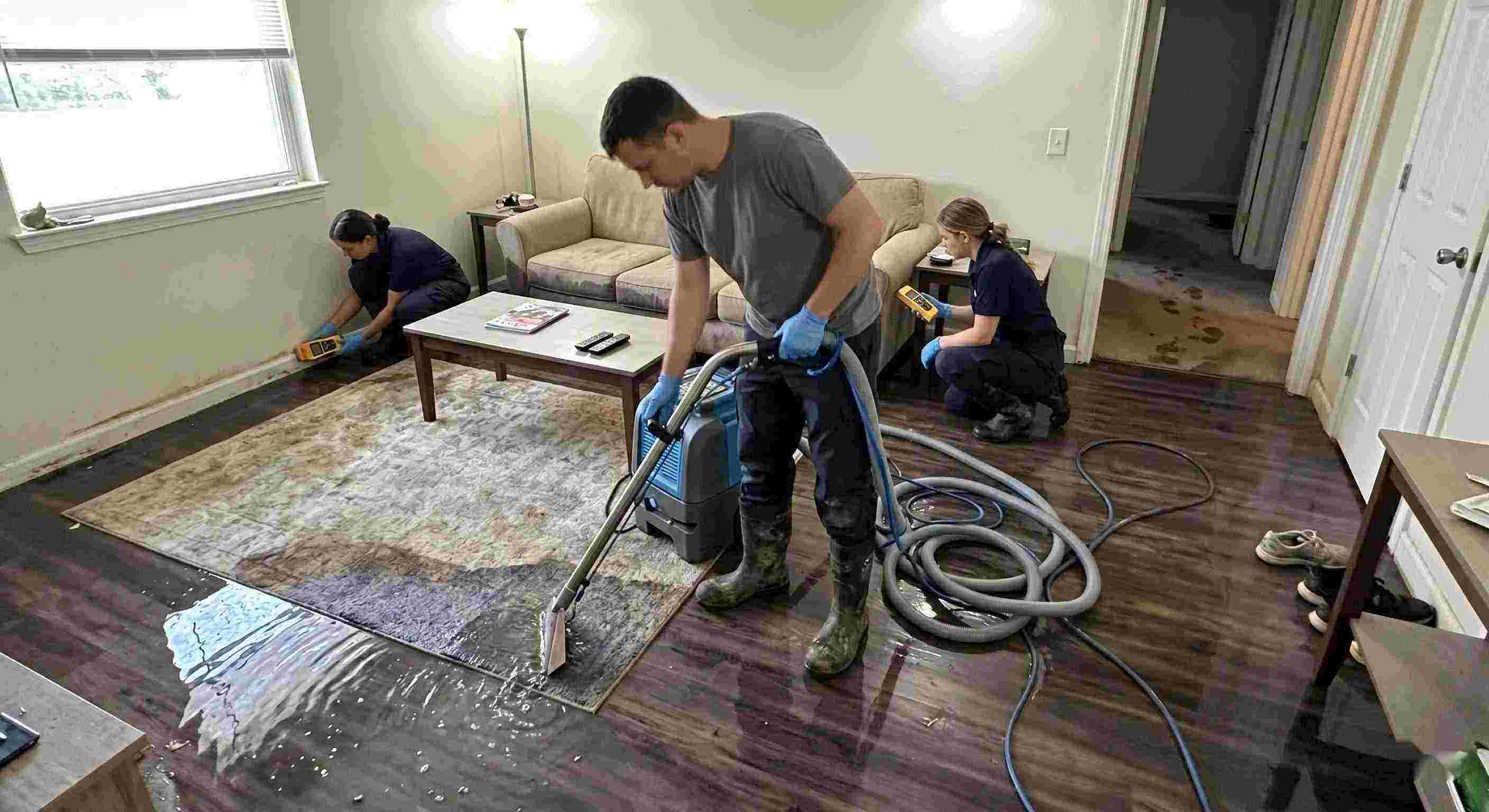 Standing water extraction service removing pooled water inside a home in Reno