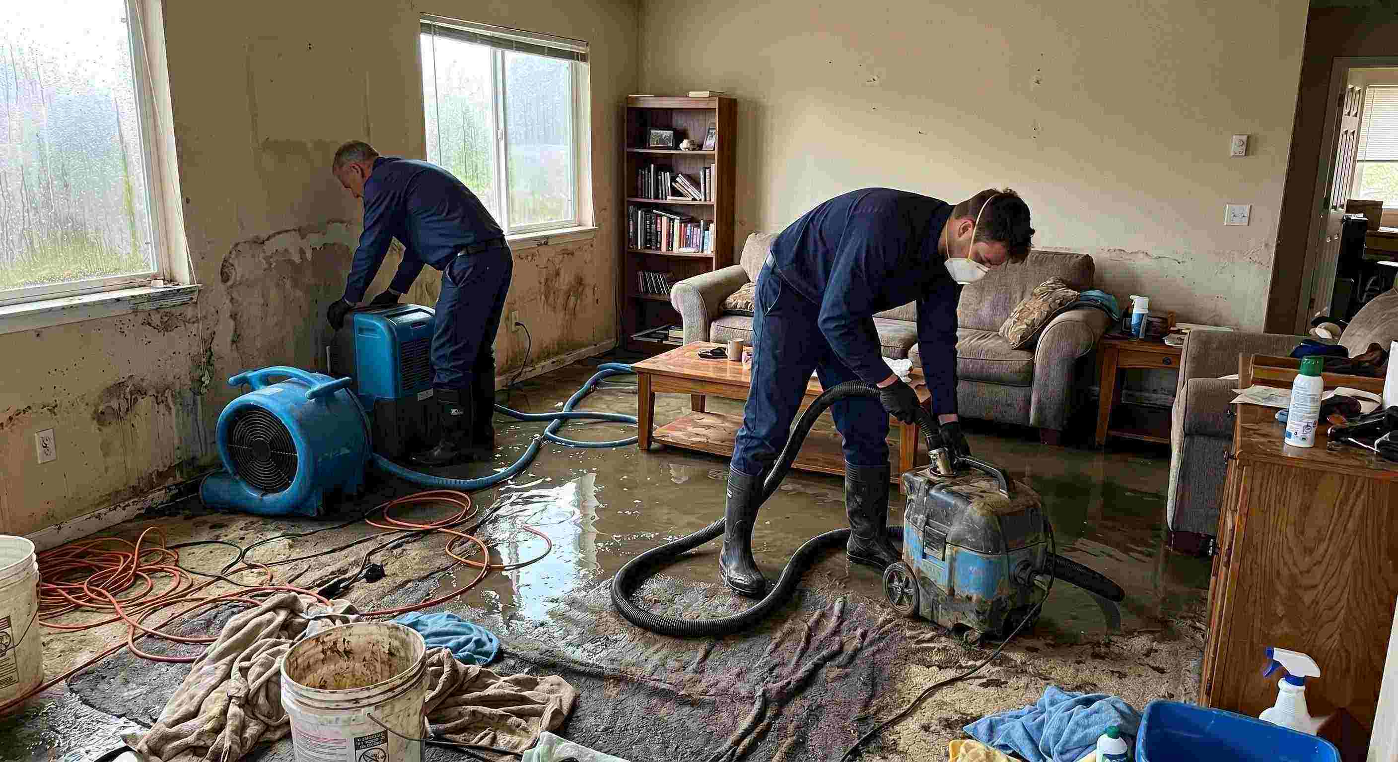 Storm water damage cleanup in a residential home showing technicians removing standing water and setting up drying equipment in Reno.