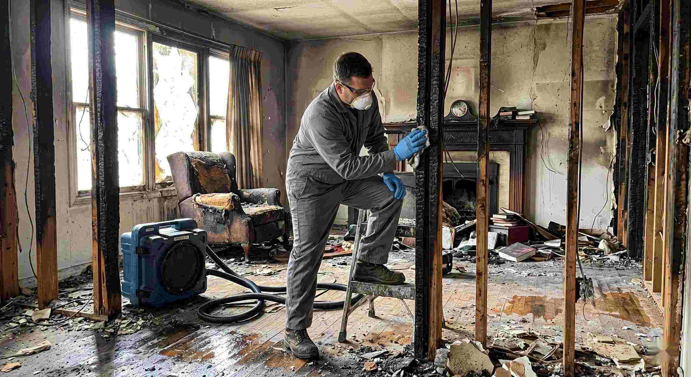 Fire damage structural cleaning after a residential fire in Reno showing soot-covered beams, charred walls, and a technician restoring the home.