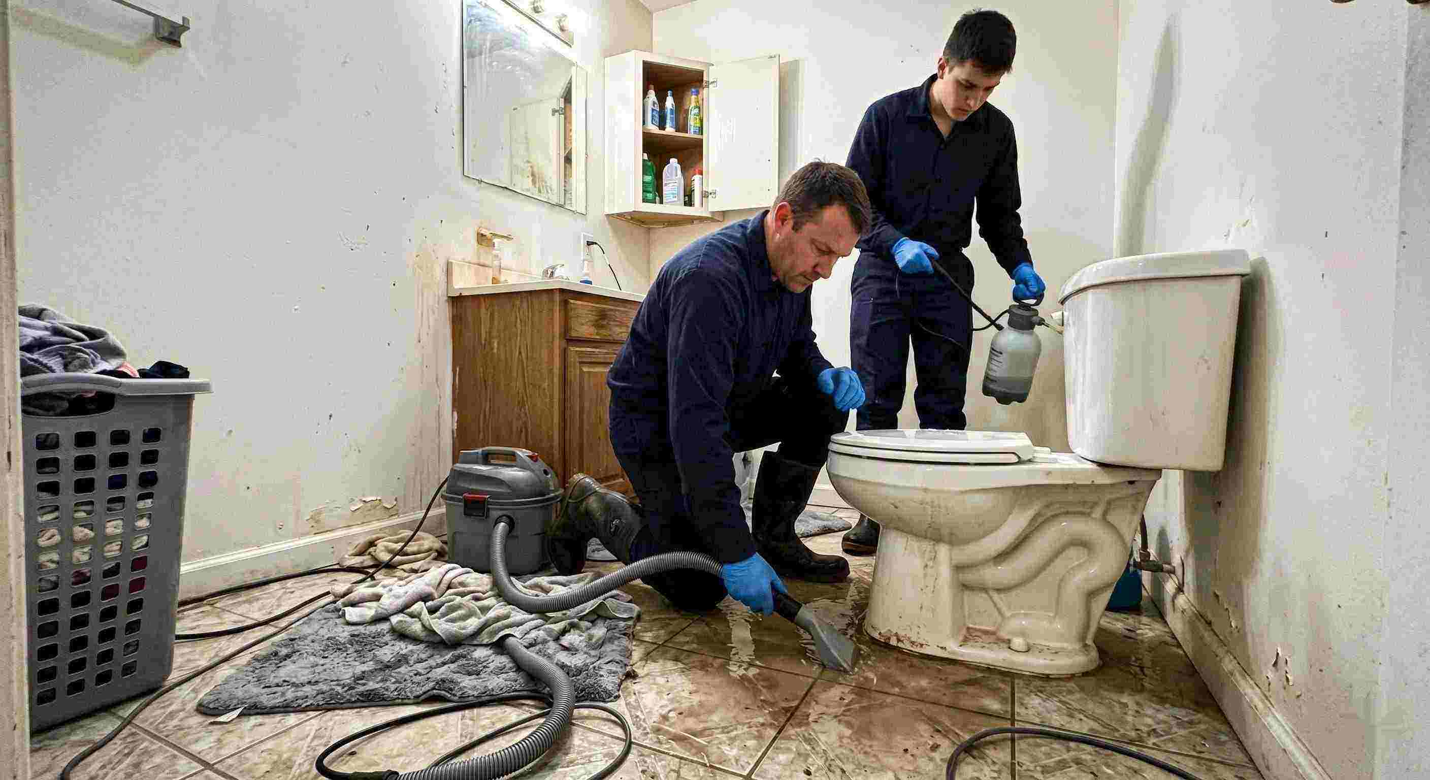 toilet overflow cleanup service in Reno with technicians extracting contaminated water from bathroom floor
