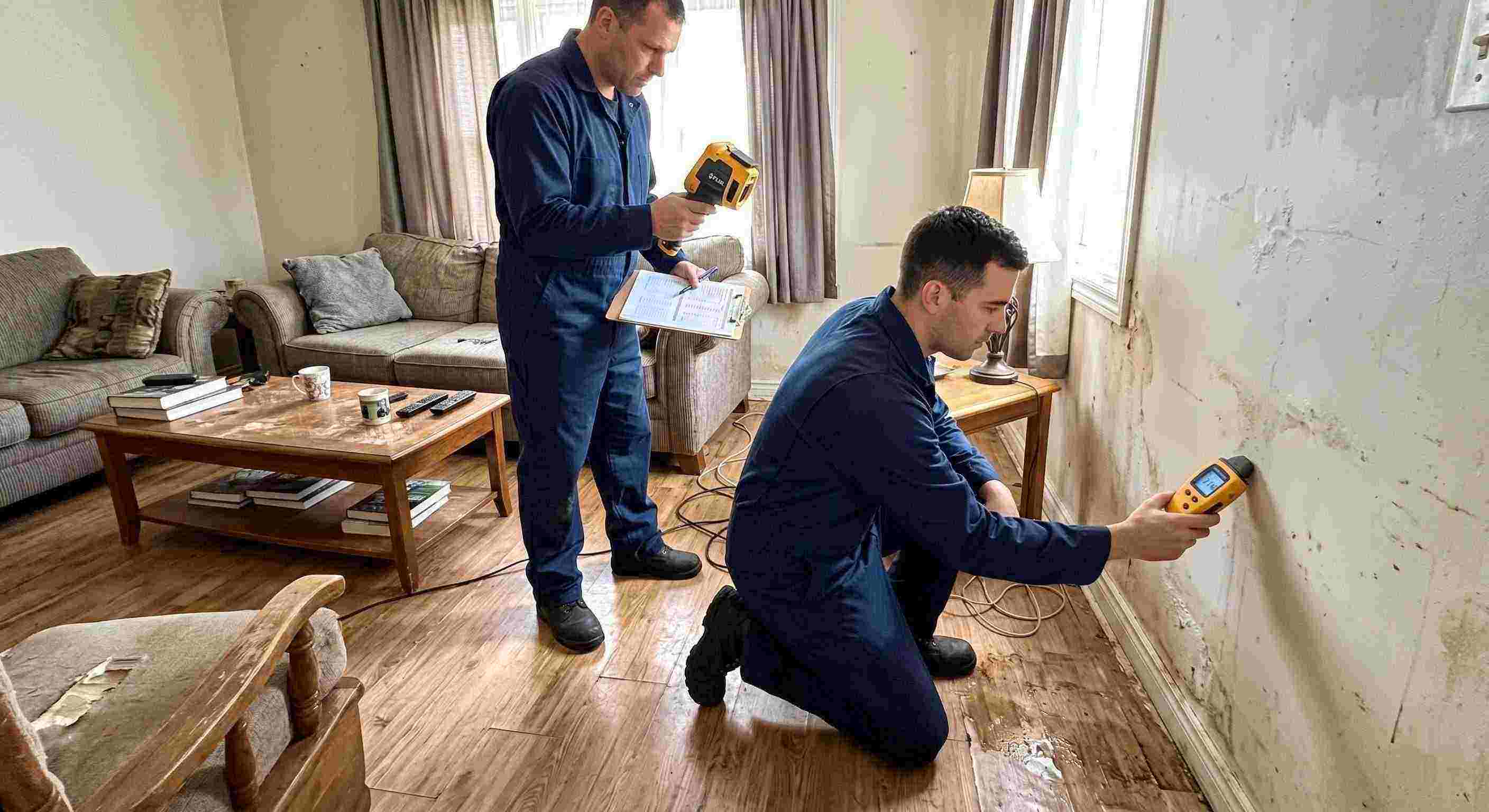 Fast water damage inspection technician using moisture meter and thermal imaging in Susanville home
