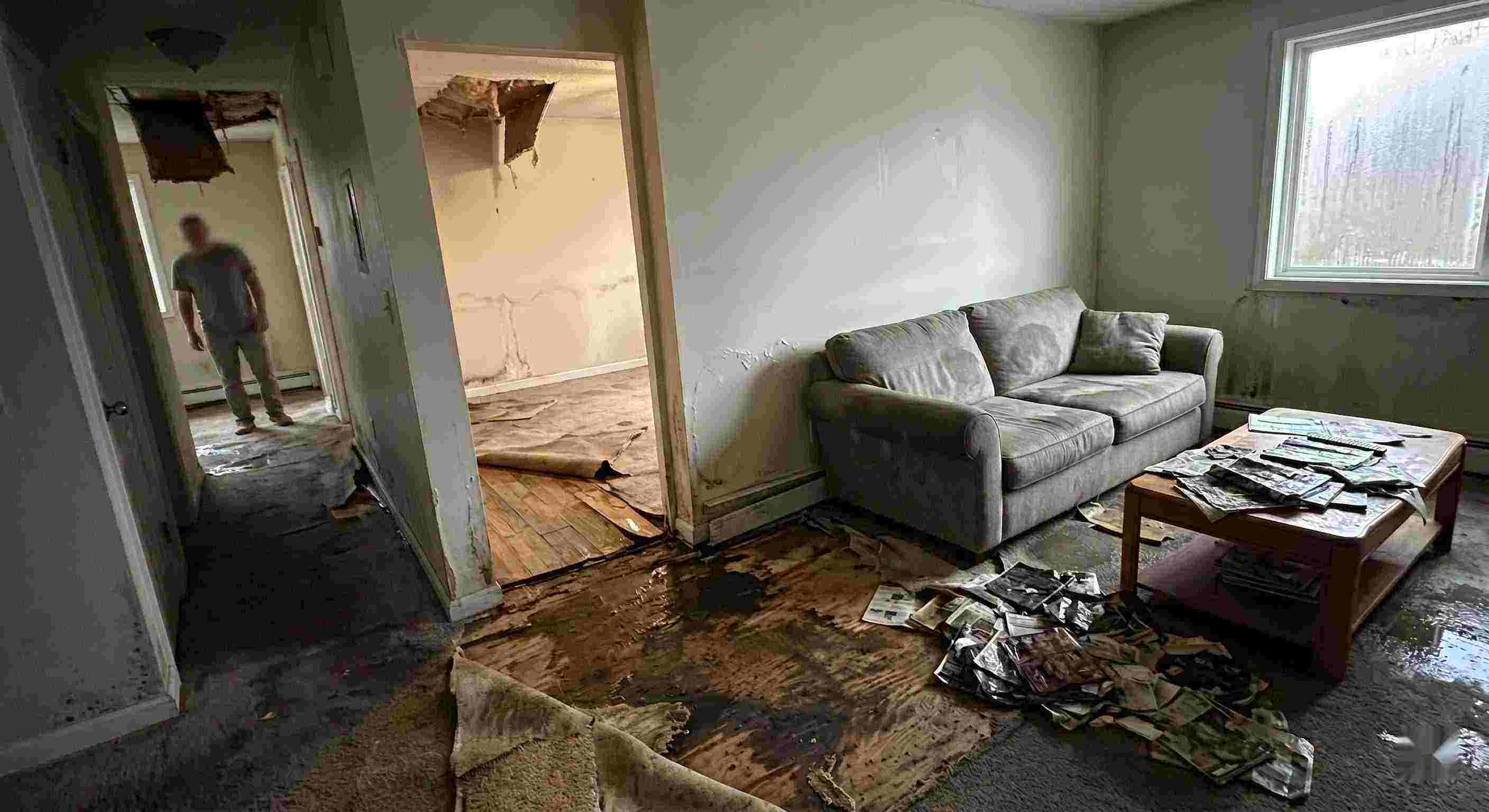 Reliable severe indoor water damage in Susanville home with soaked floors, peeling walls, and structural deterioration