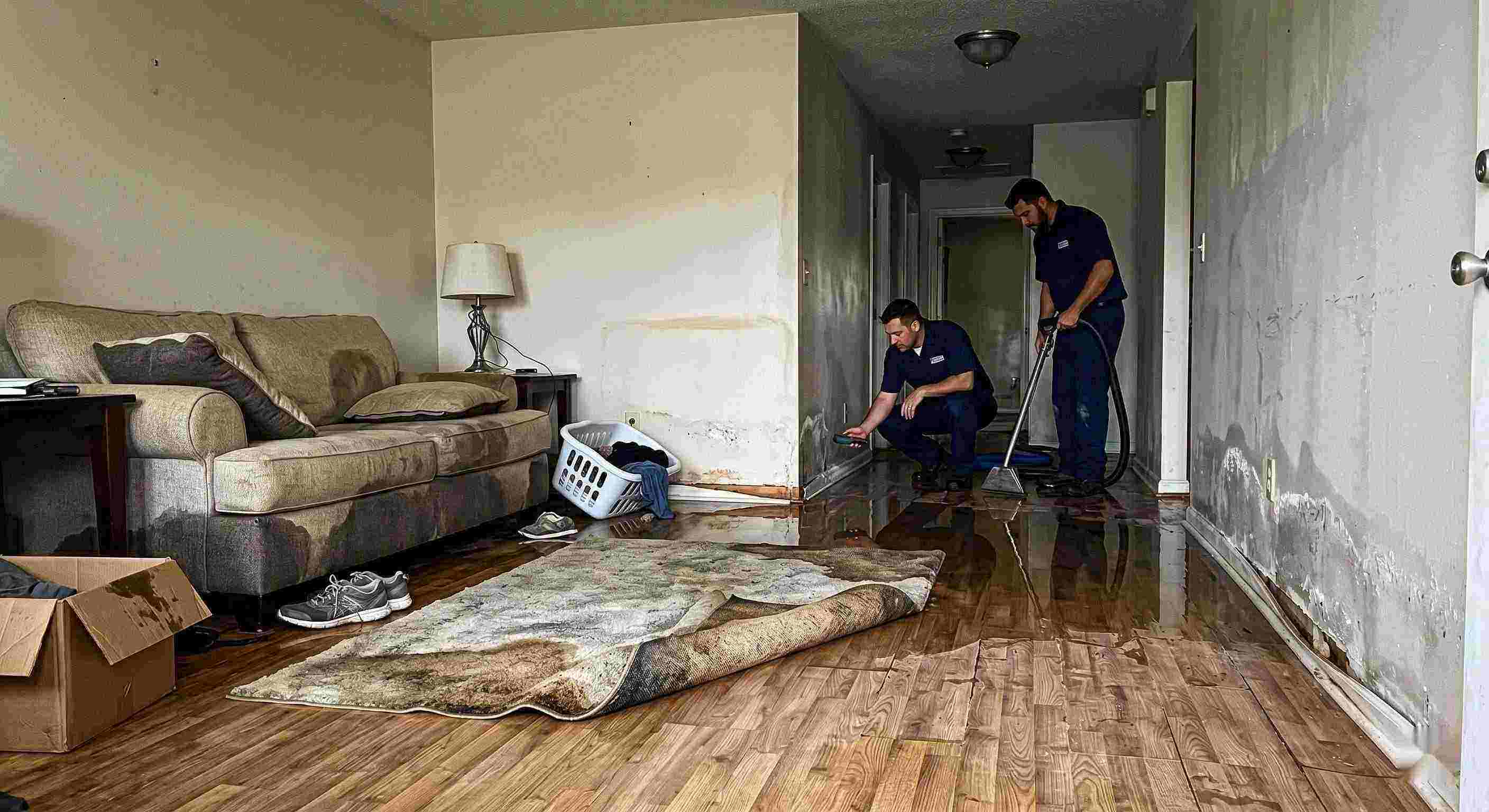water damage spreading across floors and walls inside a home in Reno showing soaked flooring and structural impact