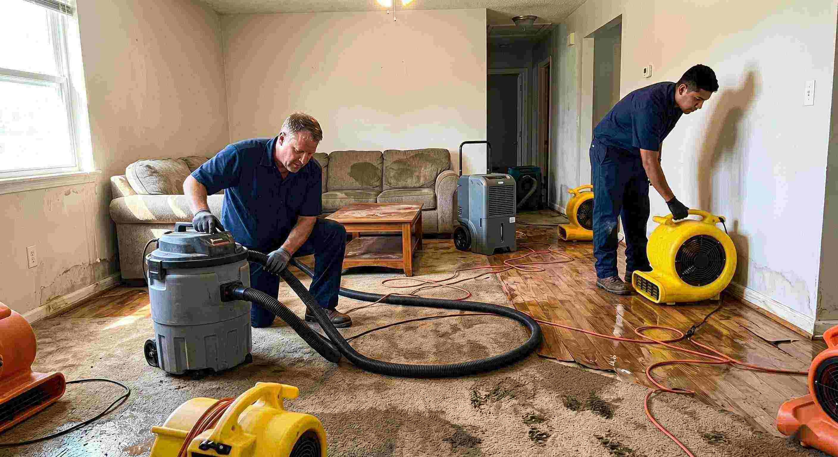 Local water extraction and drying service in Susanville removing standing water and moisture from flooded home interior