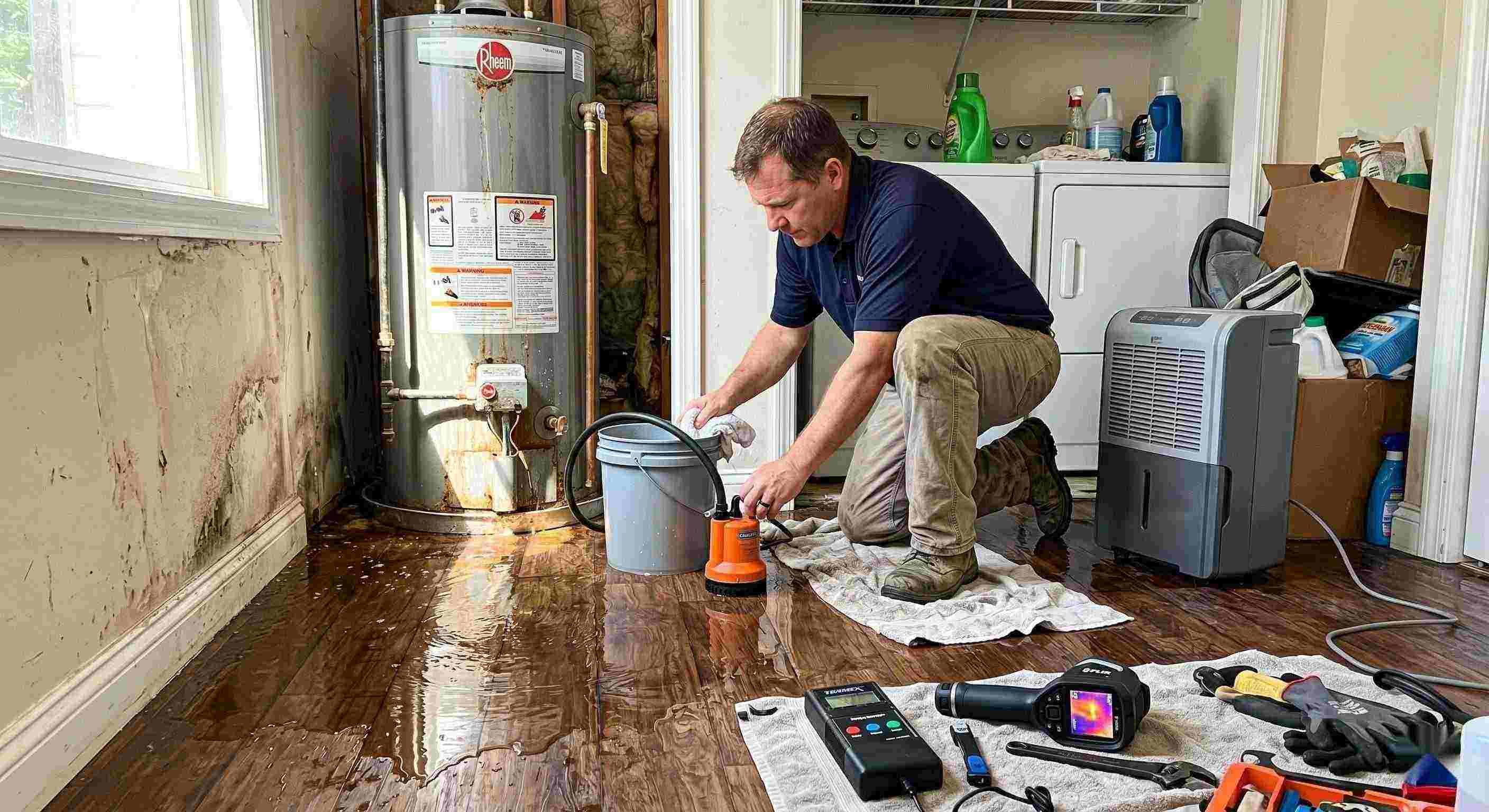 Technician performing water heater leak damage restoration in a home with water pooled on the floor and visible moisture damage in Reno