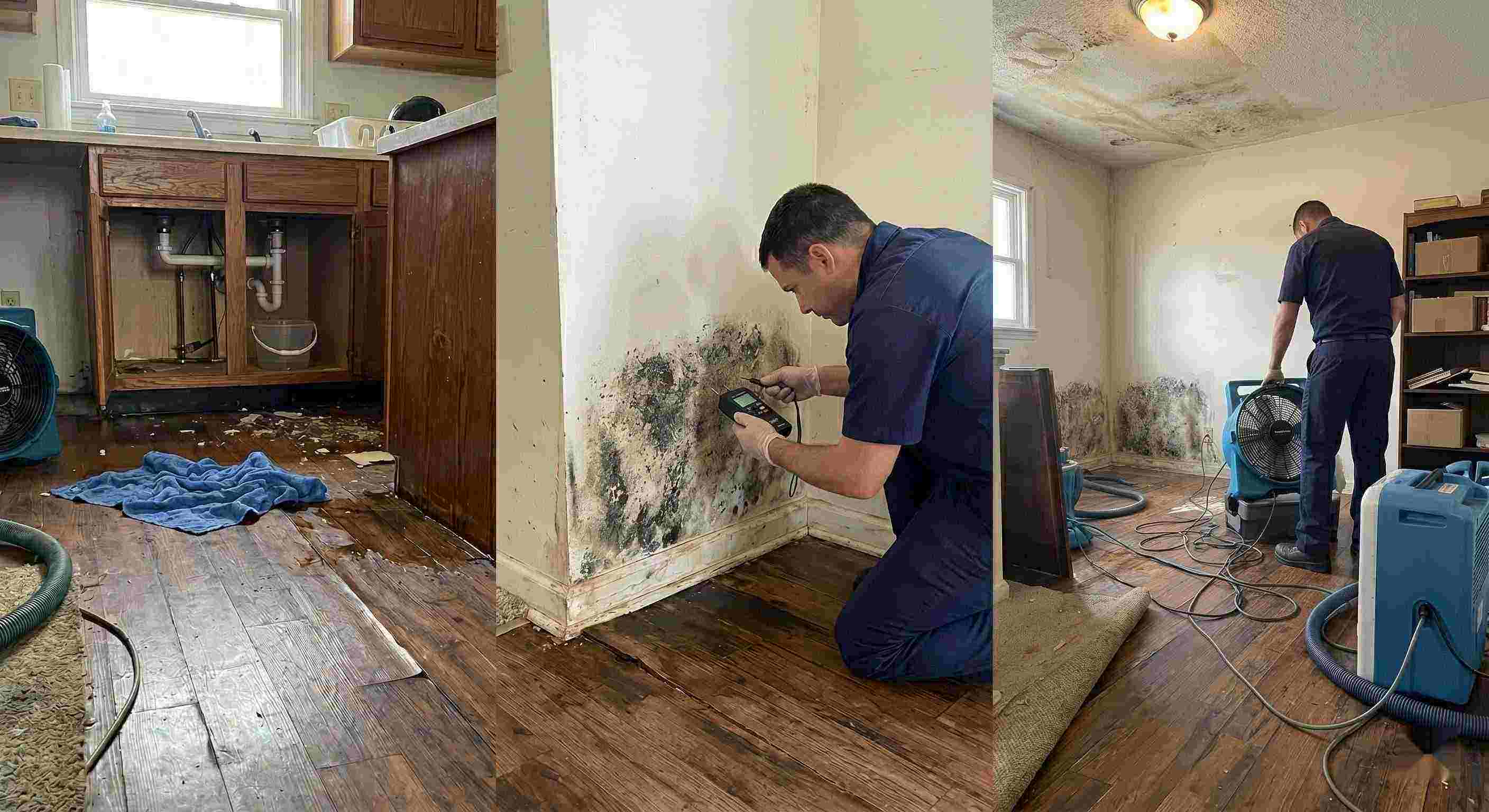Realistic photo of water leak damage inside a home, showing pooled water, damp flooring, and technicians performing leak damage restoration in Reno.