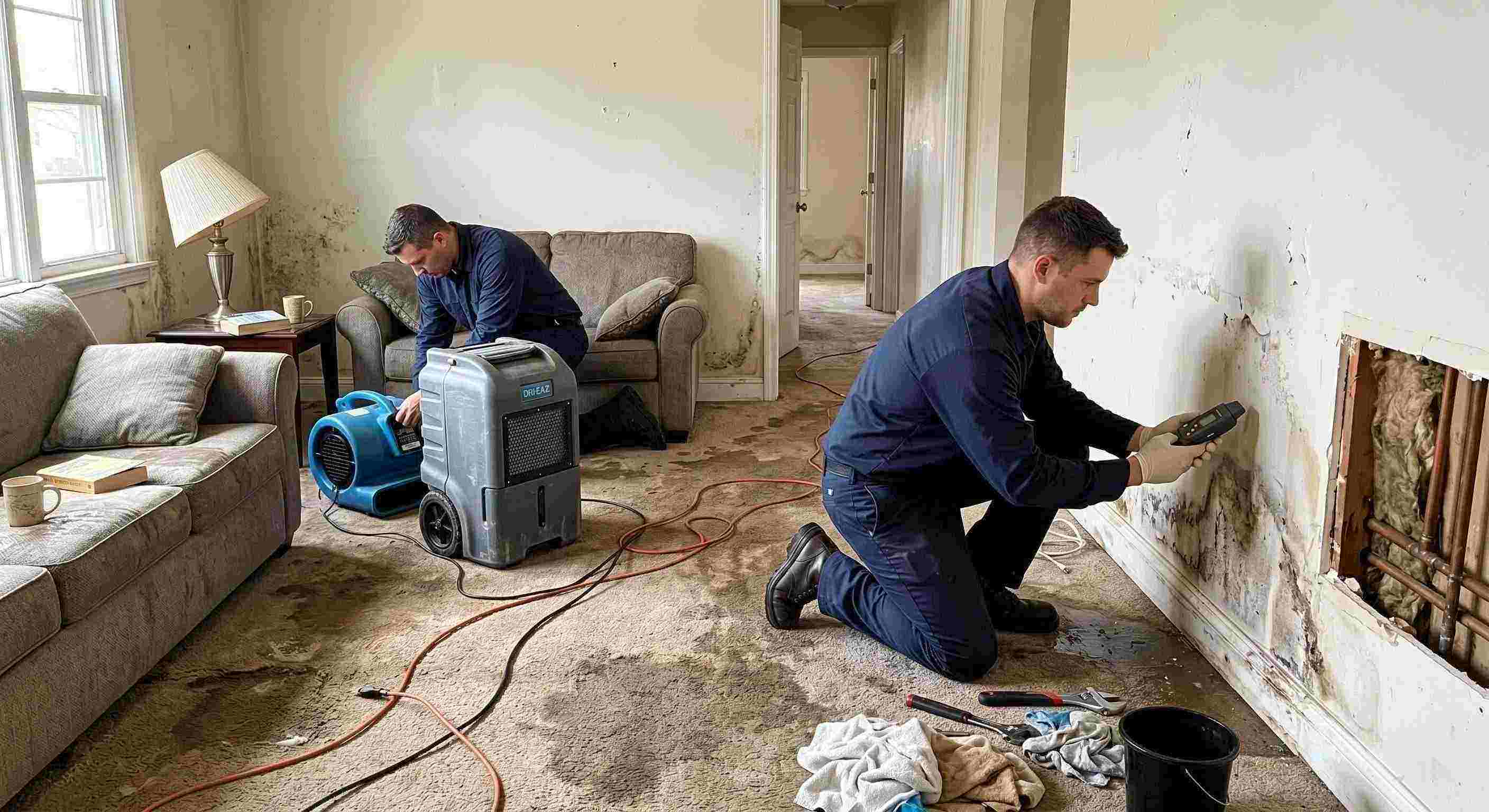 Realistic water leak damage repair scene in a residential home showing technicians locating and repairing a hidden pipe leak in Reno.