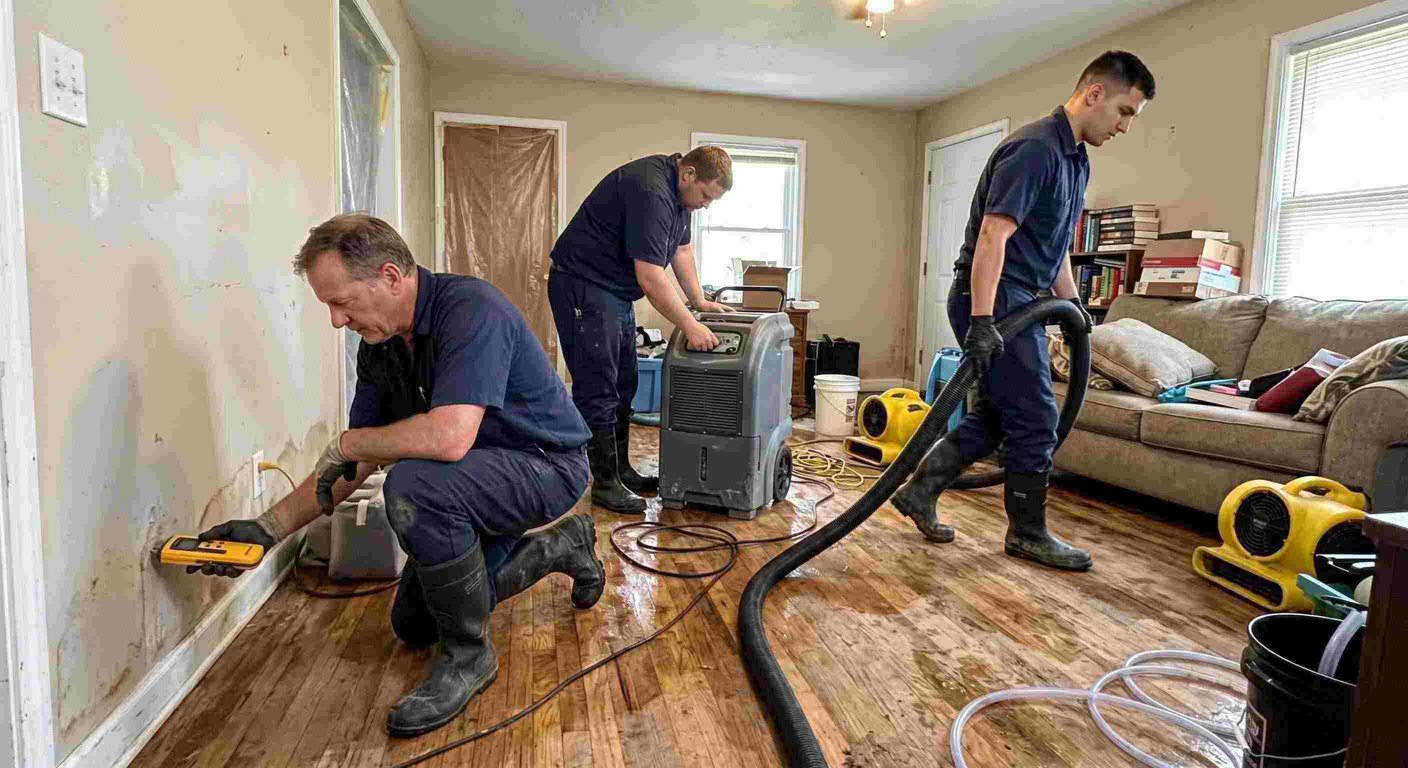 water restoration experts team using professional equipment during water extraction in Reno