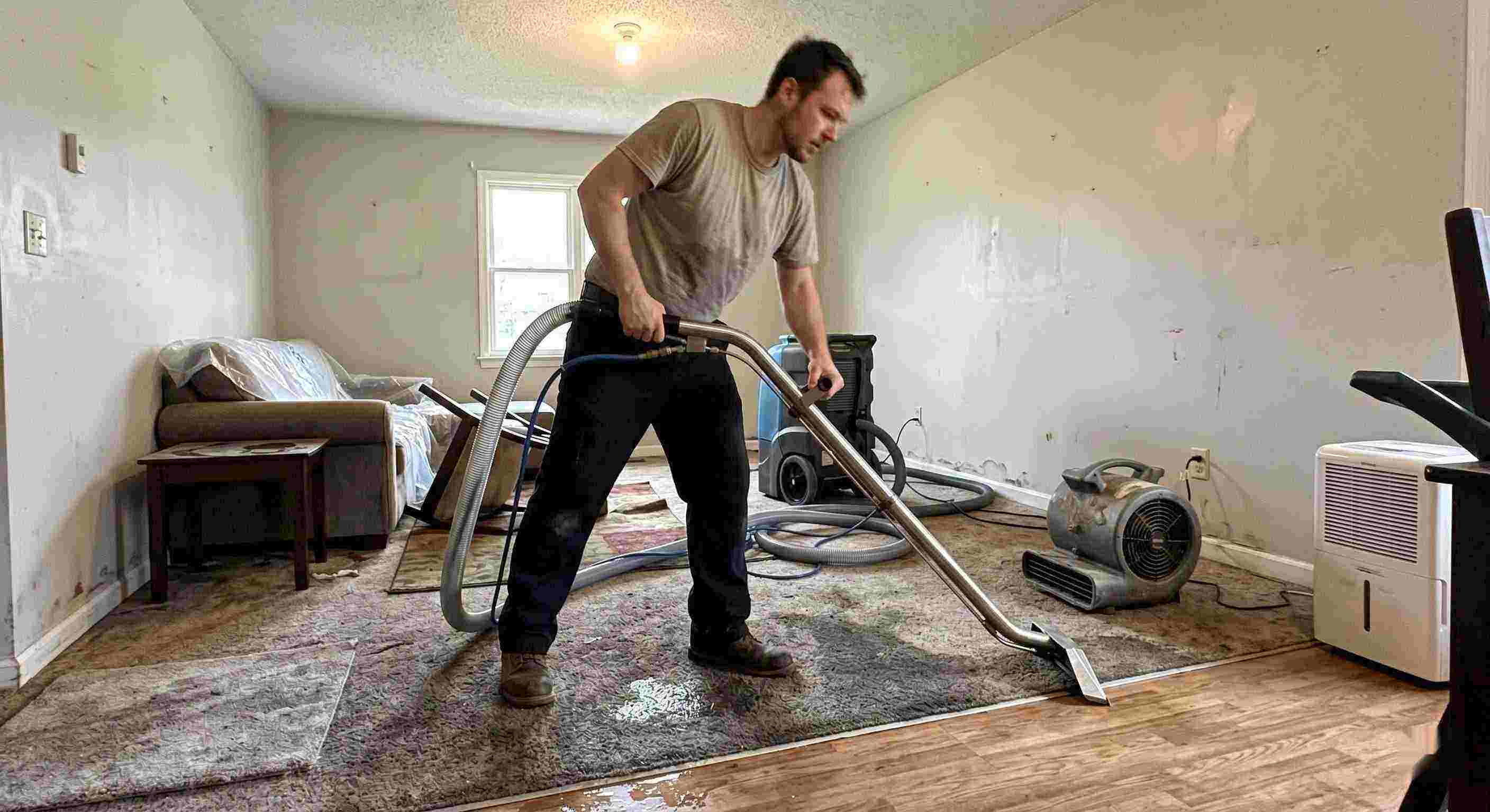 Water extraction technician removing water during restoration process in a residential home in Reno