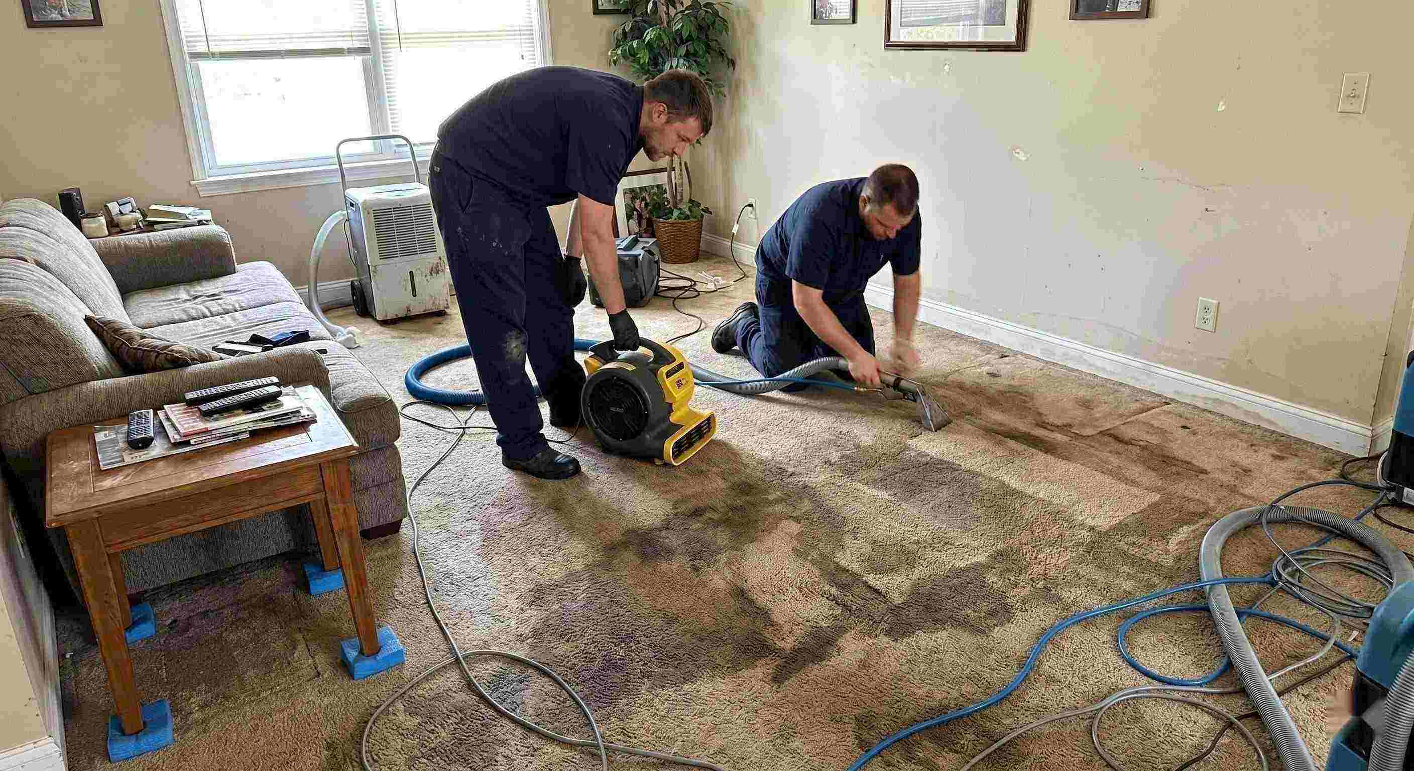 wet carpet cleanup service in Reno removing moisture from soaked residential carpet using extraction and drying equipment