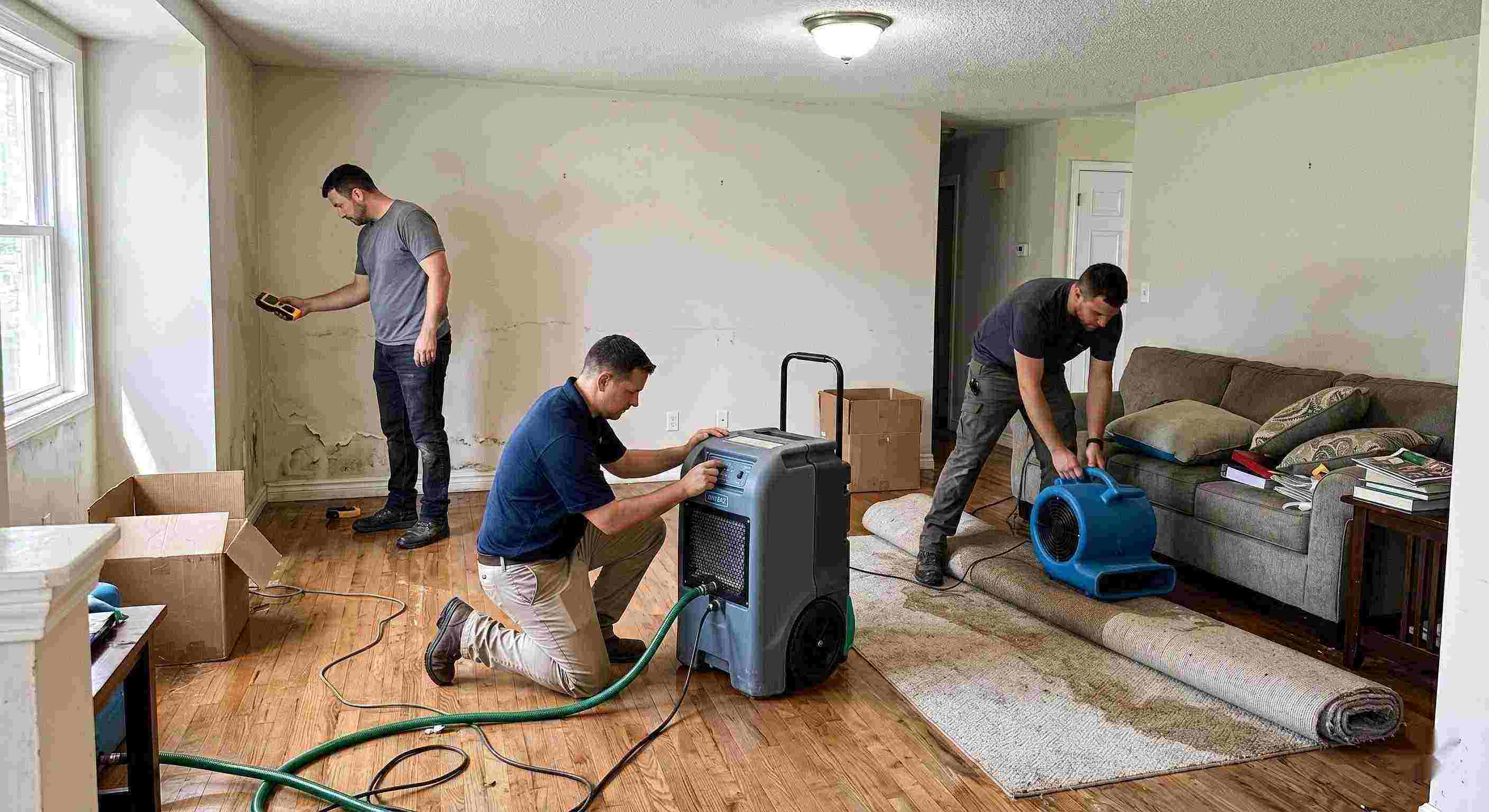 Local flood restoration team working in a water-damaged home, showing equipment and hands-on cleanup process in Reno