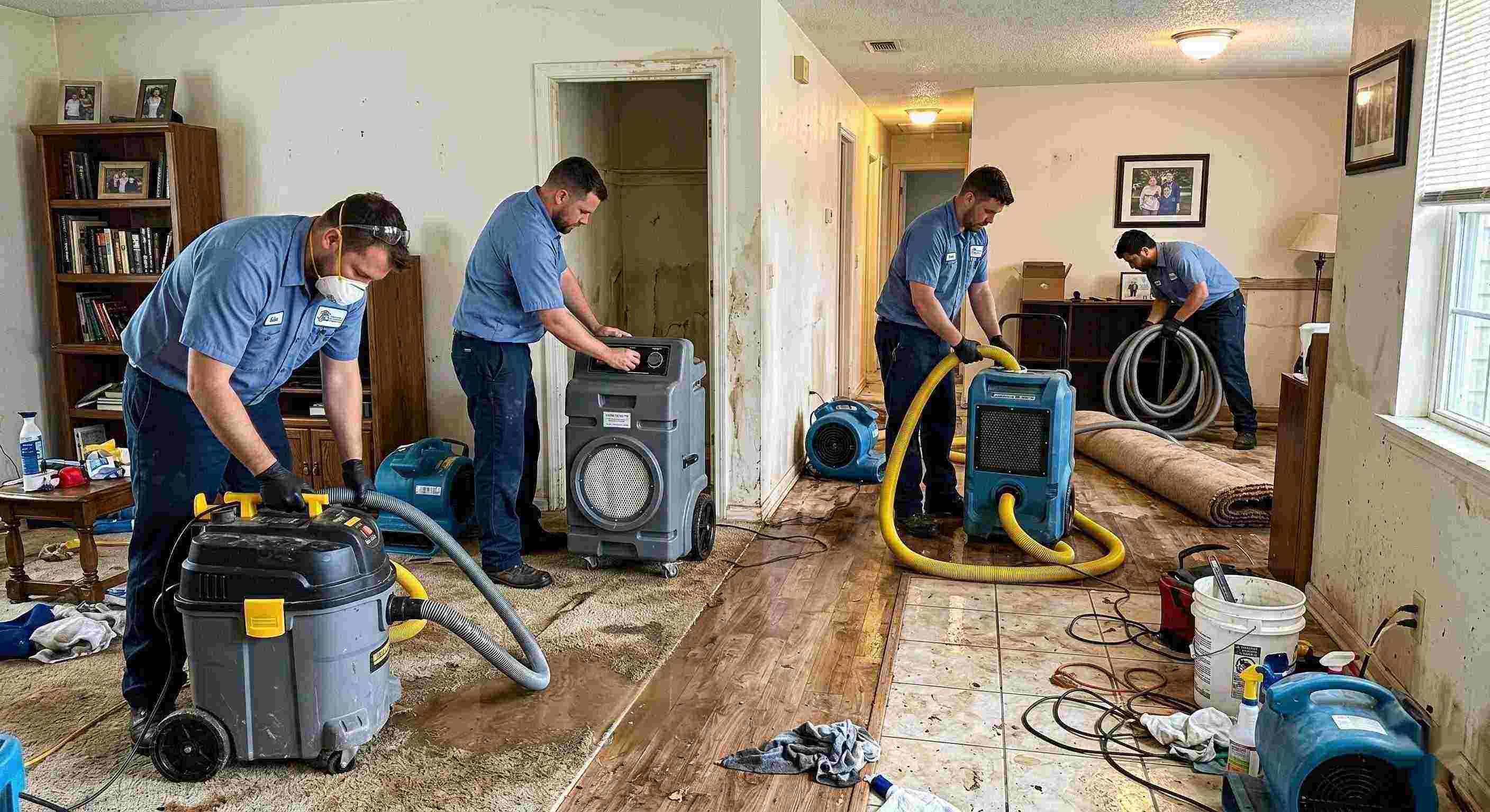 Realistic photo of sewage backup cleanup team using professional equipment in a home interior, showing trust, teamwork, and proper restoration techniques in Reno.